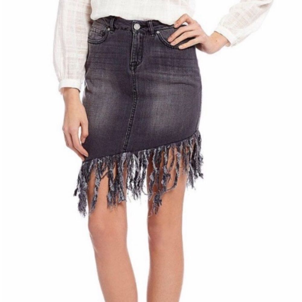 William Rast Washed Black Denim Fringe Skirt